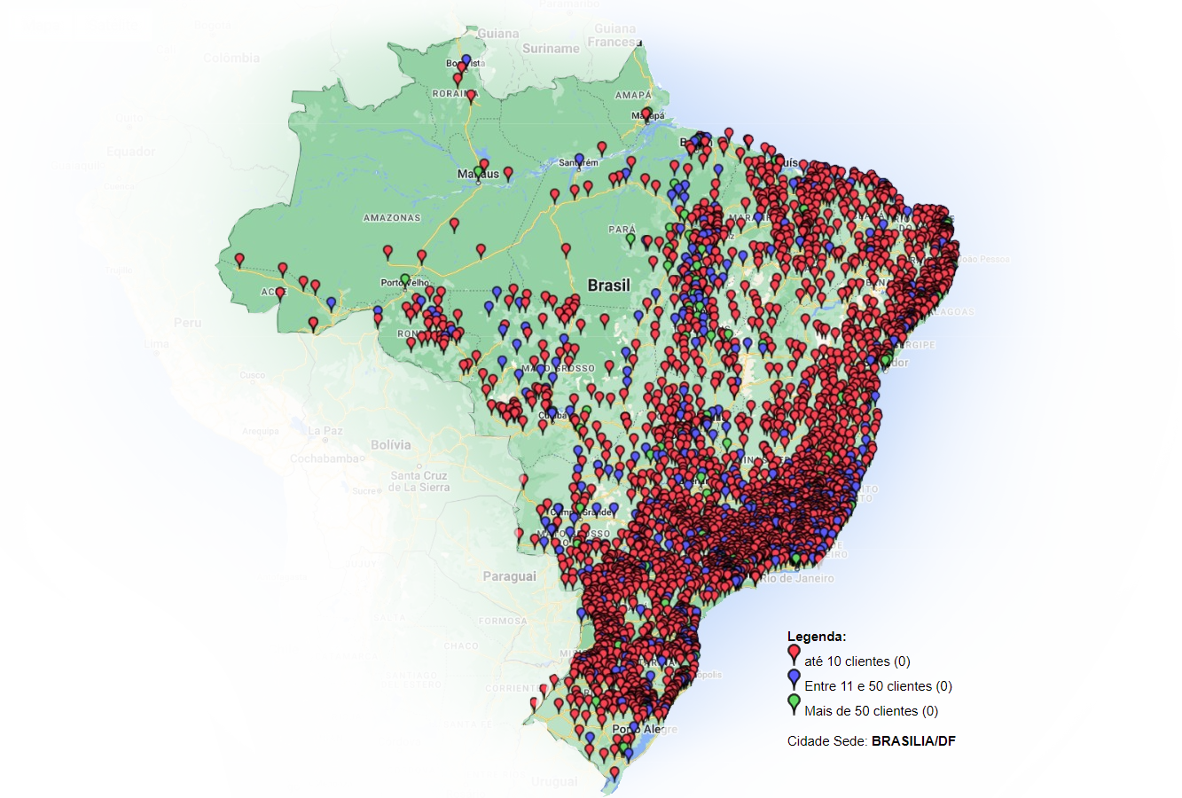 Mapa da região de atendimento ao cliente